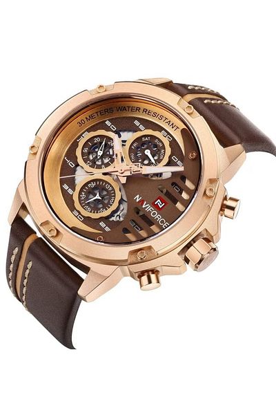 Naviforce Mens Multifunctional Chronograph Wristwatch with Quartz Battery Leather Strap Water Resistant