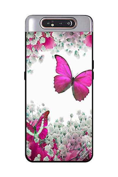 Covernex غطاء حماية لهاتف سامسونج جالاكسي A80 - فراشات وردية داكنة وزهور بيضاء