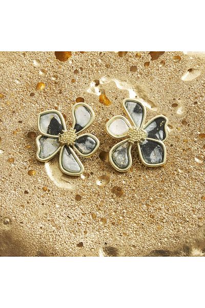 NARRU Handmade NARRU earrings, flower with metal edge, white, black, gold, Ava