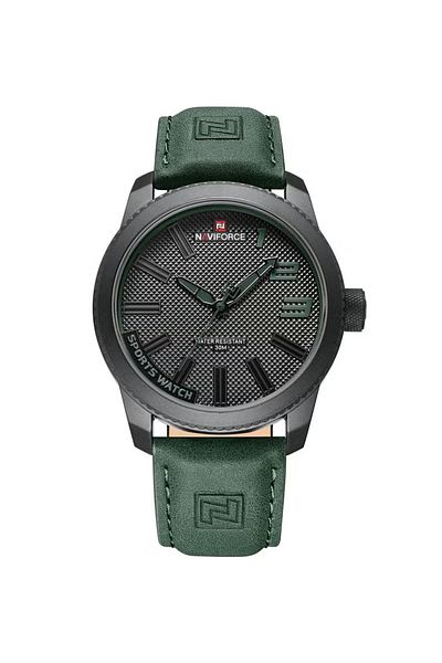 Naviforce Stylish Mens Sports Watch with Black Dial Green Leather Strap Quartz Movement Analog Display