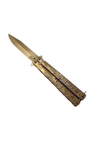 dalimag Cuțit fluture cu lamă pentru camping, model craniu, 22 cm, auriu, Dalimag