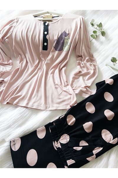 ÇağrıHome Women's 100% Cotton Fabric Pink Buttoned Bottom Six Polka Dot Pattern Long Sleeve Thin Winter Pajamas Set