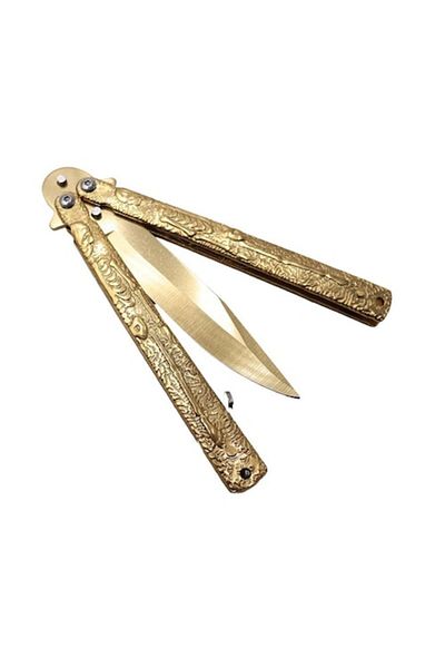 dalimag Cuțit fluture cu lamă, model craniu auriu, 23 cm, auriu