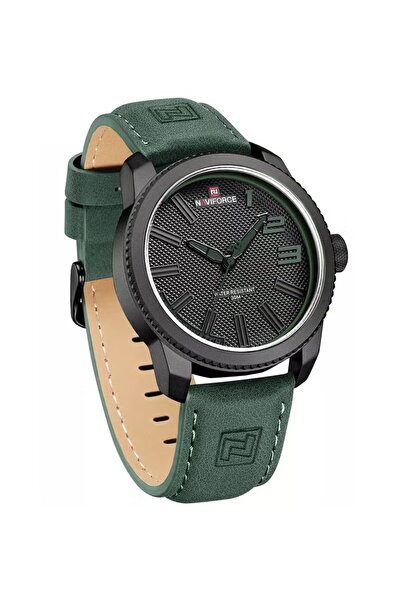 Naviforce Stylish Mens Sports Watch with Black Dial Green Leather Strap Quartz Movement Analog Display
