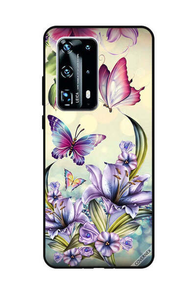 Covernex غطاء حماية لهاتف هواوي بي 40 برو بلس بنقشة زهور أرجوانية وفراشات