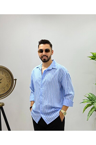 HA-KA GİYİM Erkek Olive Efektif Keten Oversize Çizgili Gömlek