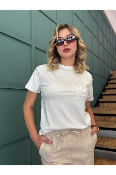dörtelle Tricou de damă cu decolteu cu mărgele brodate
