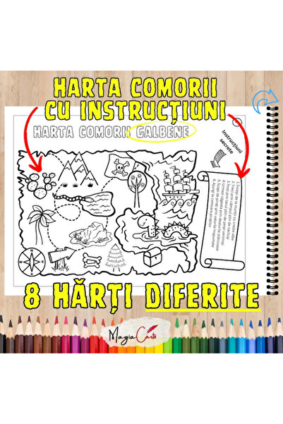 Magia Cartii Carte de colorat pentru copii, Vacanta de desenat Aventuri Harta comorii piratilor, A4, Opin Puk