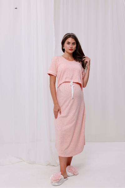 Yulem Homewear Pembe Melanj Emzirme Özellikli Lohusa Hamile Gecelik Elbise