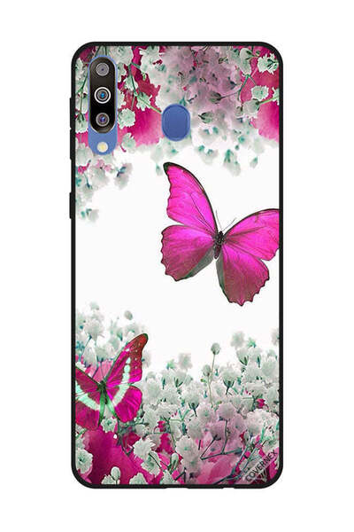 Covernex غطاء حماية لهاتف سامسونج جالاكسي M30 - فراشات وردية داكنة وزهور بيضاء