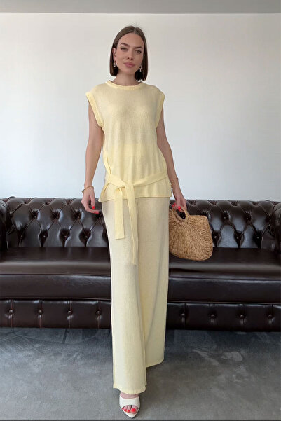 MAGARDE Σετ Πλεκτών Ενδυμάτων Orj με Δέσιμο στη Μέση - Κίτρινο