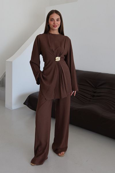 Laluvia Brown Gold Brooch Blouse Trousers Set - 8759