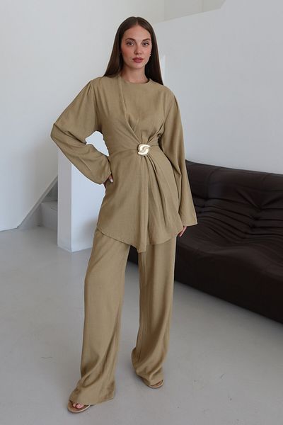 Laluvia Khaki Gold Brooch Blouse Pants Set - 8759