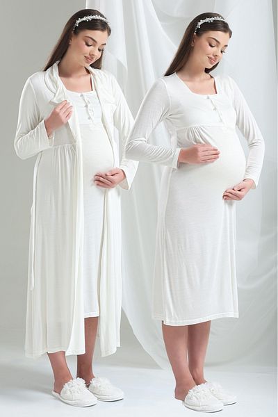 Lohussa Ecru Special Design Long Sleeve 100% Cotton Maternity Maternity Dressing Gown Nightgown Set