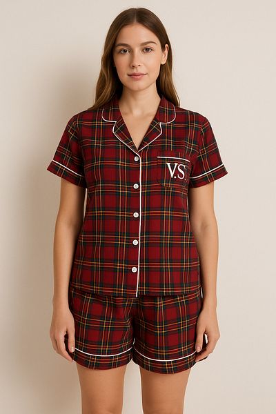 FENZO Women's Burgundy Checkered Cotton Viscose Shorts Pajamas Set Short Sleeve Top Short Shorts Bottom Casual Homewear