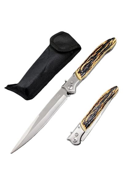 dalimag Cuțit cu deschidere automată, blocare lamă, model mâner scoarță de copac, teacă textilă, 32 cm, Dalimag
