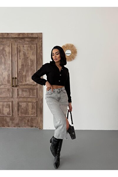 Zeo Basic Women's Midi Length Gray Denim Skirt with Front Slit