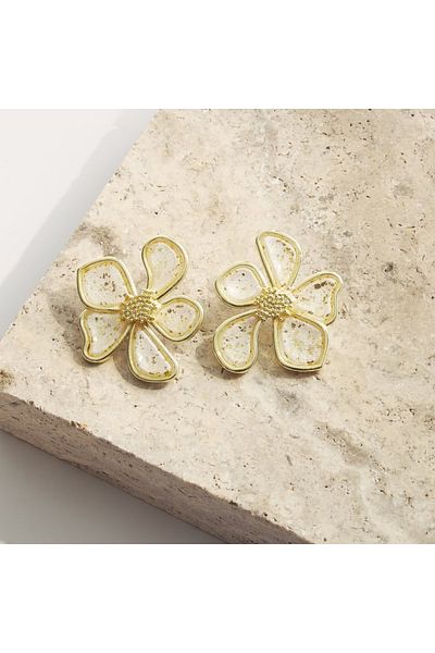 NARRU Handmade NARRU earrings, flower with metal edge, white and gold, Ava