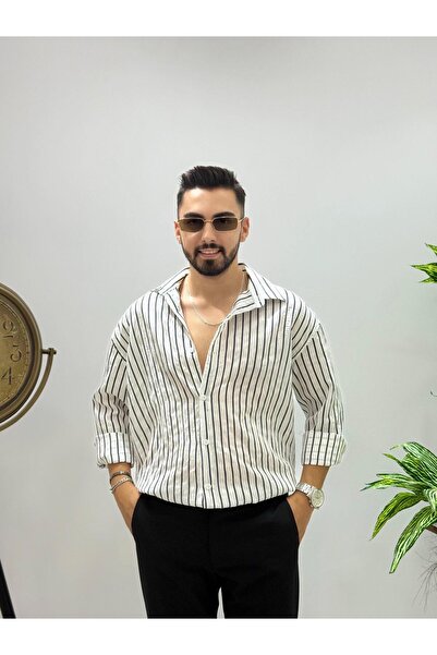 HA-KA GİYİM قميص رجالي مخطط كبير الحجم من الكتان الزيتوني