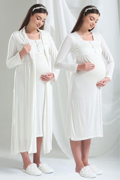 Lohussa Σετ νυχτικών εκρού ειδικής σχεδίασης μακρυμάνικο 100% βαμβάκι για έγκυες γυναίκες