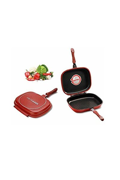 OEM Double Non-Stick Pan, Grill, Silicone Seal Gasket, Bakelite Handles, Rectangular, Diagonal 32cm, Red