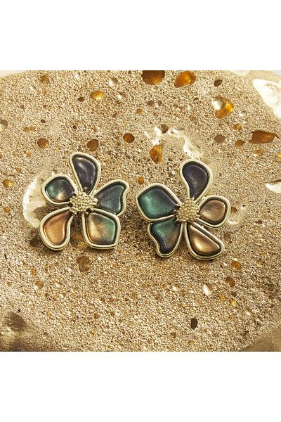NARRU Handmade NARRU earrings, flower with metal edge, green, navy blue, copper and gold, Ava