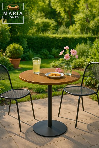 MARIA HOMES Round Café Table with Wooden Top and Black Metal Base