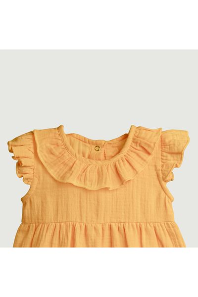 luay 100% Linen Mustard Baby Frock, with Frills,Cute and Trendy Summer Dress for Babies 0-3 M