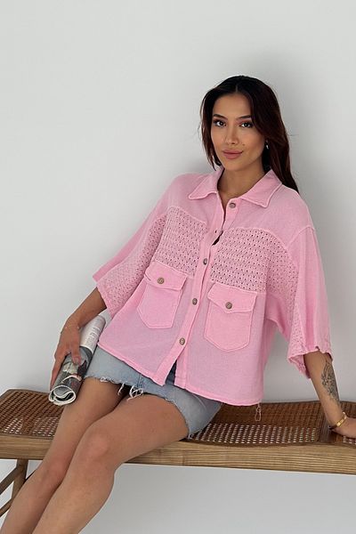 FEMELLE Women's Pink Standard Size Bat Sleeve Mesh Lace Detailed Poncho Shirt