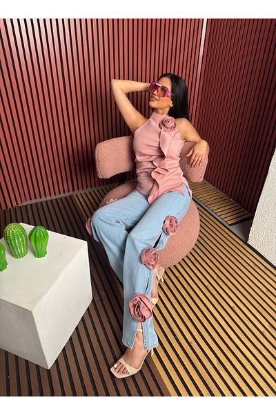 1Moda1Tarz Top Imported Lined Scuba Fabric Rose and Shawl Detail Blouse Bottom Imported Denim Side Rose Detail Special Design Suit