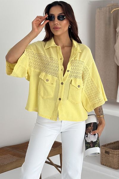 FEMELLE Women's Yellow Standard Size Bat Sleeve Mesh Lace Detailed Poncho Shirt
