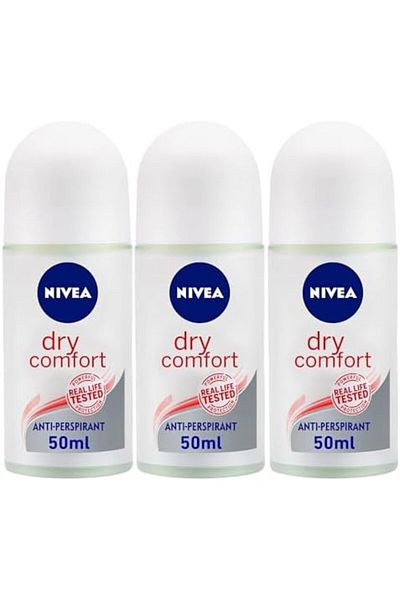 NIVEA Dry Comfort Roll-On Antiperspirant, 48 Hour Protection, Set of 3 x 50ml - Refreshing for Women