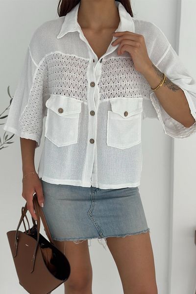FEMELLE Women's White Standard Size Bat Sleeve Mesh Lace Detailed Poncho Shirt