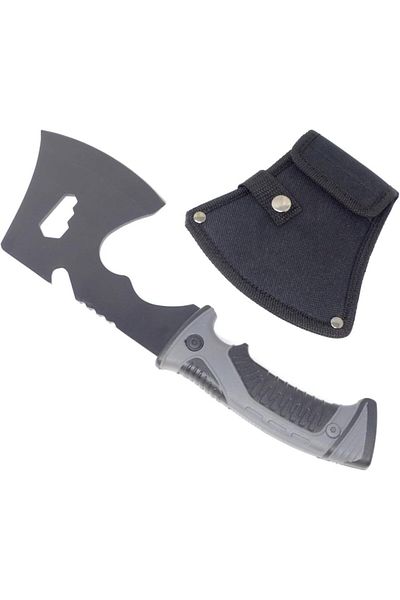 dalimag Topor Multifunctional Din Otel Model SG00101, Pentru Camping, Desfacator, Maner Gri Si Negru, Husa N