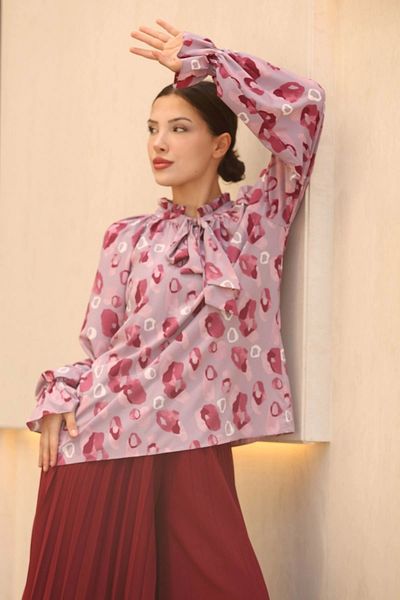 lodmela Tie Detail Gathered Blouse 6028-Lilac/Burgundy