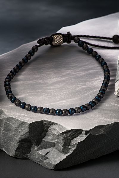 OSMANLI GÜMÜŞ Matte Black Navy Blue Natural Stone Men's Bracelet – Fine Beaded Adjustable Macrame Design