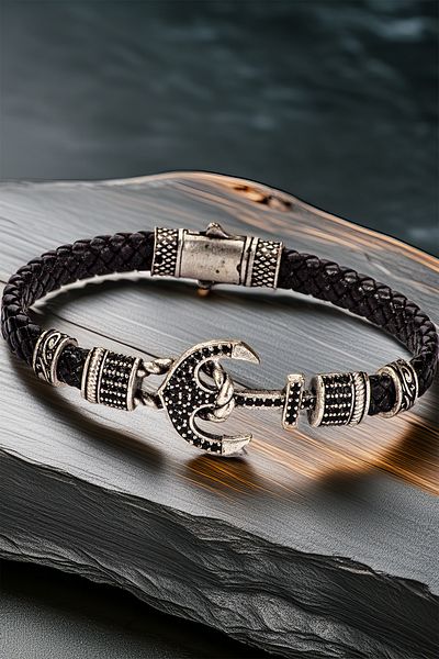 OSMANLI GÜMÜŞ Anchor Figured Black Leather Men's Bracelet – Oxidized Silver Detailed Braided