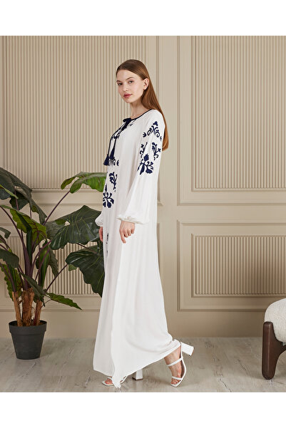 EL jadida Γυναικείο Κεντημένο Μακρύ Φόρεμα Βισκόζης Plus Size Λευκό