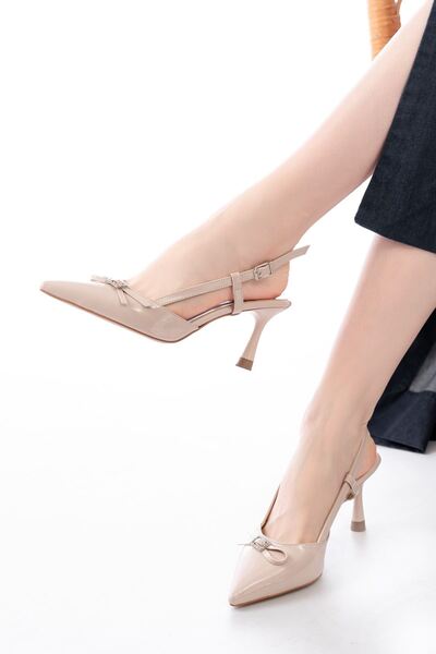 ETİLER COLLECTION Inf-2300 Beige Patent Leather Daily Open Back Bow Heeled Shoes