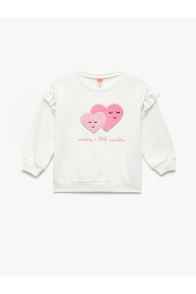 Koton Long Sleeve Crew Neck Cotton Heart Appliqued Hooded Sweatshirt