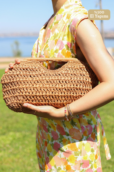 Brillo حقيبة يد نسائية منسوجة من القش بتصميم مانجو مبطنة
