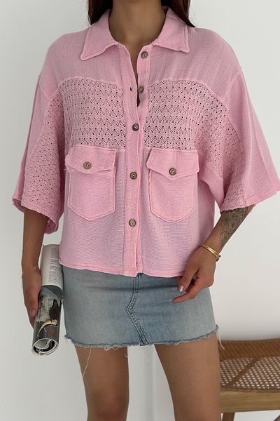 FEMELLE Women's Pink Standard Size Bat Sleeve Mesh Lace Detailed Poncho Shirt