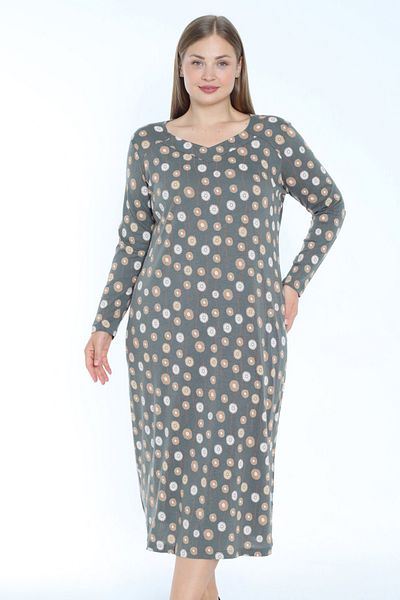 İntensive Patterned V Neck Plus Size Cotton Long Sleeve Dress with Pockets