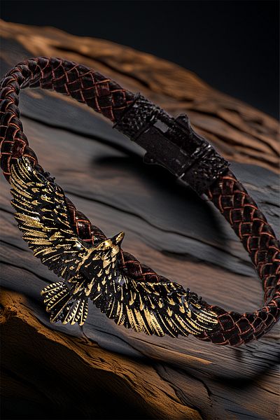 OSMANLI GÜMÜŞ Black Brown Men's Leather Bracelet with Eagle Figure – Braided Design with Gold Detail