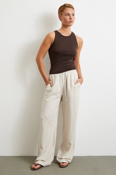 Never more Elastic Waist Pipe Leg Trousers Beige