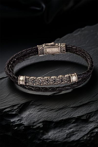 OSMANLI GÜMÜŞ Men's Black Braided Leather Bracelet – Antique Silver Color Carved Detailed Clip-On Design
