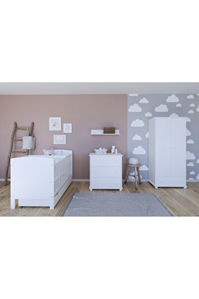 Nichiduta Patut din lemn Nichiduta Philip Alb 140x70cm cu Laterala detasabila,Sertar cu roti,Margine din silic