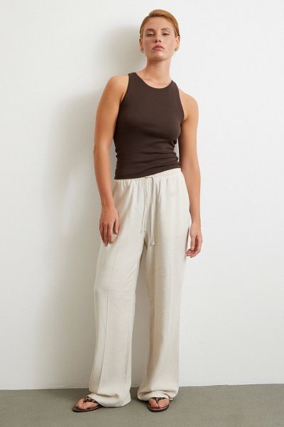 Never more Elastic Waist Pipe Leg Trousers Beige