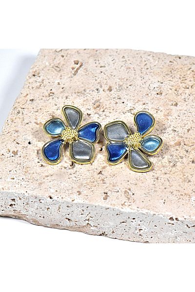 NARRU Handmade NARRU earrings, flower with metal edge, blue, teal and gold, Ava
