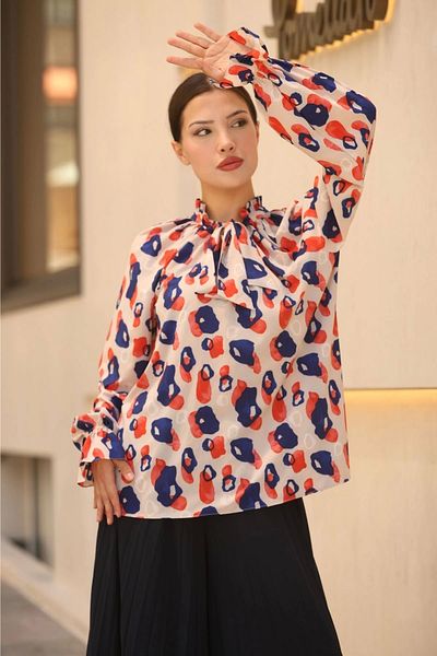 lodmela Tie Detail Gathered Blouse 6028-Beige/Navy Blue